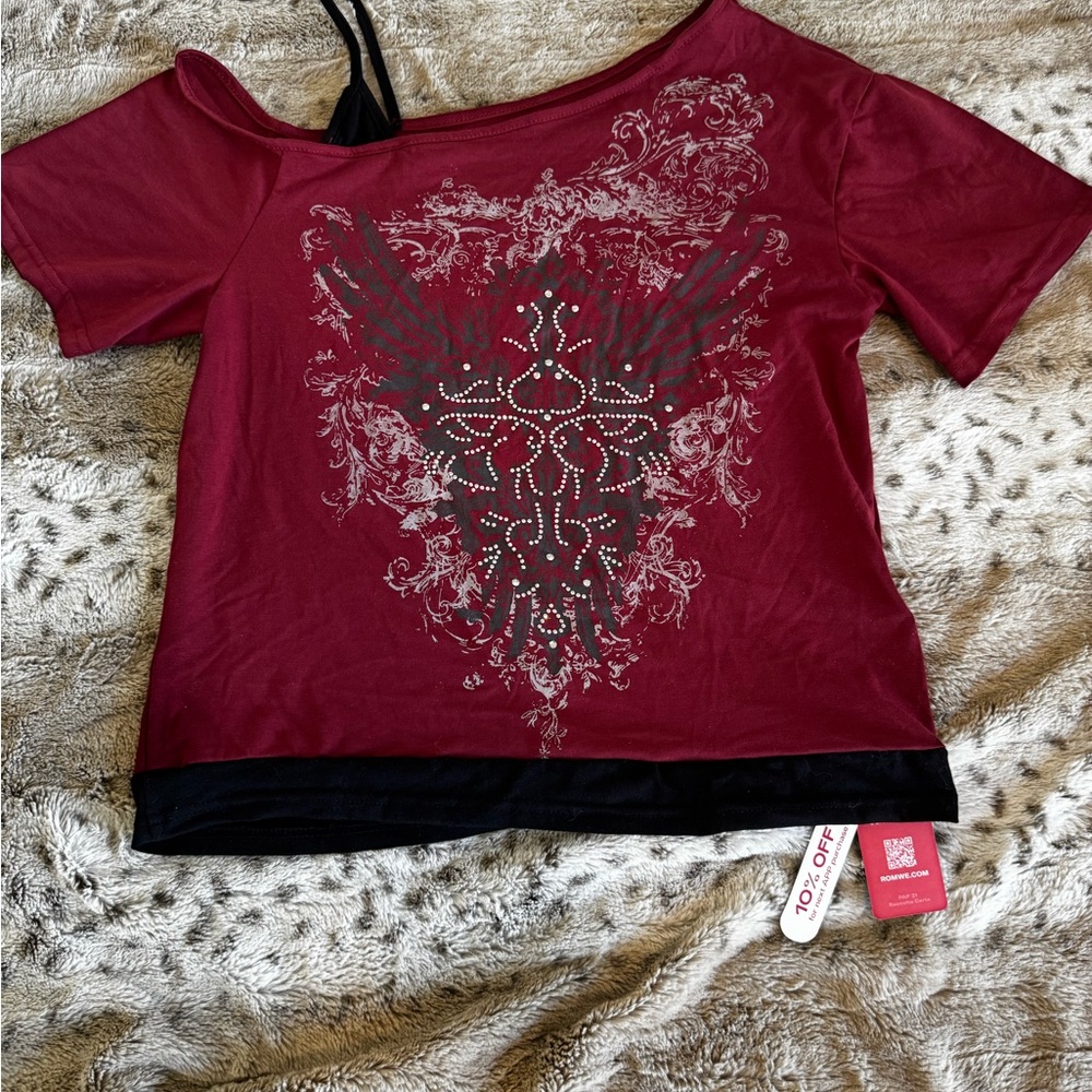 ROMWE Burgundy Short Sleeve Off-Shoulder Top with Black Trim and Studded Detail